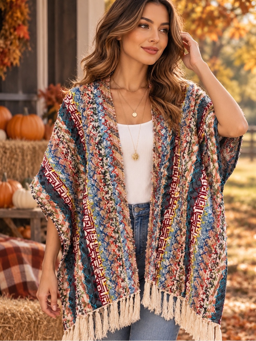 Free People Boho Poncho Kimono - Woven - Fringe - NWT